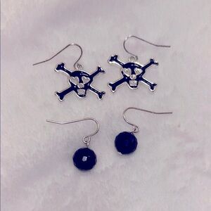 Silver Skull and Black Bead Earrings goth pirate